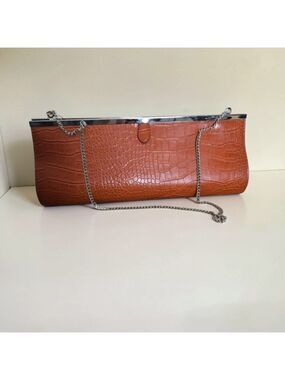 Giovane Croc Embossed Chain Strap Clutch Bag Brown Silver NWT